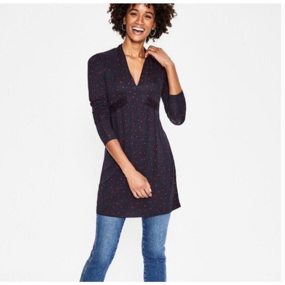 Boden Women's Size 4 Betty Blue Red Star Print Viscose Jersey Dress Long Sleeve - Picture 2 of 8